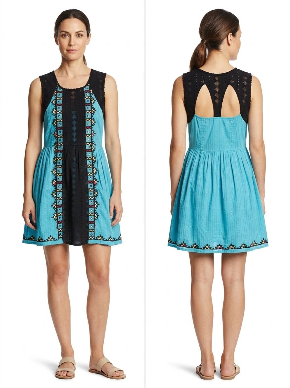 NWT Free People Metal Blue A-Line Mini Lined Embroidered Dress Women Size 8